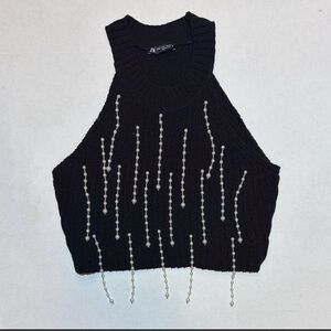 Zara Black Knit Top with Pearl Fringe – Elegant Sleeveless Sweater Top – Size M